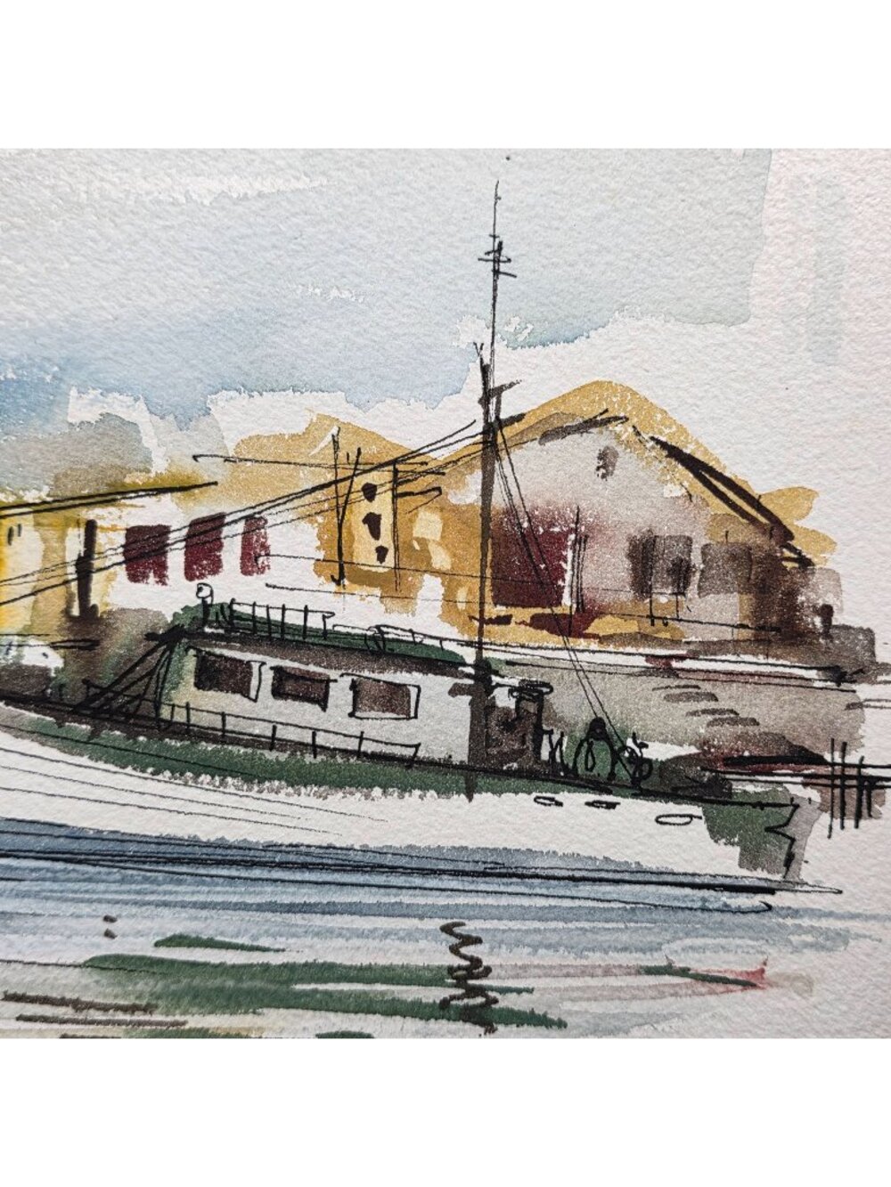Original Watercolor Coastal Landscape Signed By Artist With Boat & Buildings - Picture 1 of 9